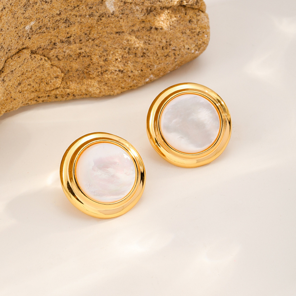 Natural Shell Earrings Round Geometric Design 18K Gold Plated 925 Silver Post Vintage Style Women's Jewelry Accessories