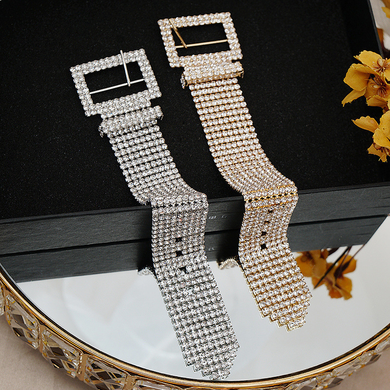 Wide Rhinestone Crystal Bracelet Wedding Dress Accessories Geometric Gold-Plated 925 Sterling Silver 925 Earrings Suitable For Women