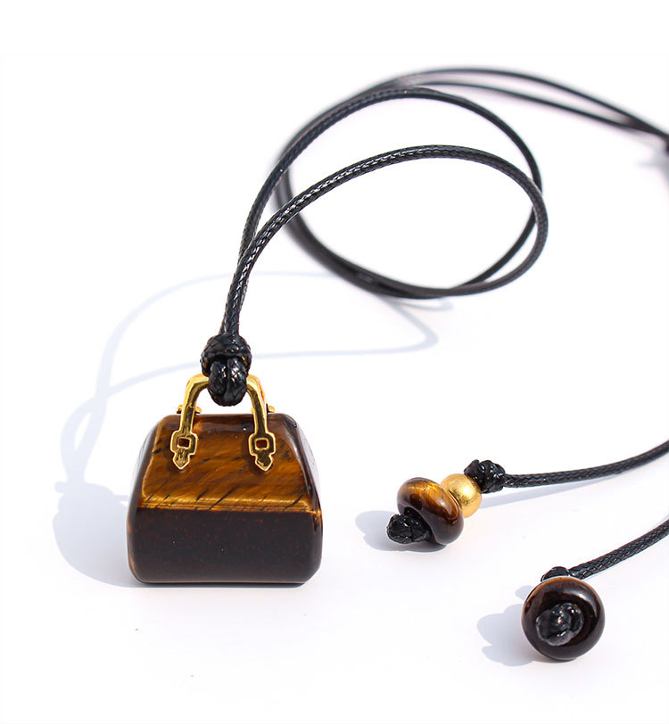 Natural Spotted Tiger Eye Stone Pendant Leather Rope Casual Long Necklace Adjustable Self-tying Sweater Chain Fashionable Ladies Holiday Style Accessories