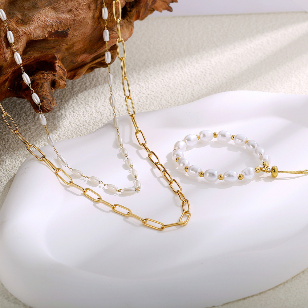 French Style Double Layer Beaded Necklace Set High Gloss Pearl Jewelry 18K Gold Plated Iron Solid Color Women's Accessories