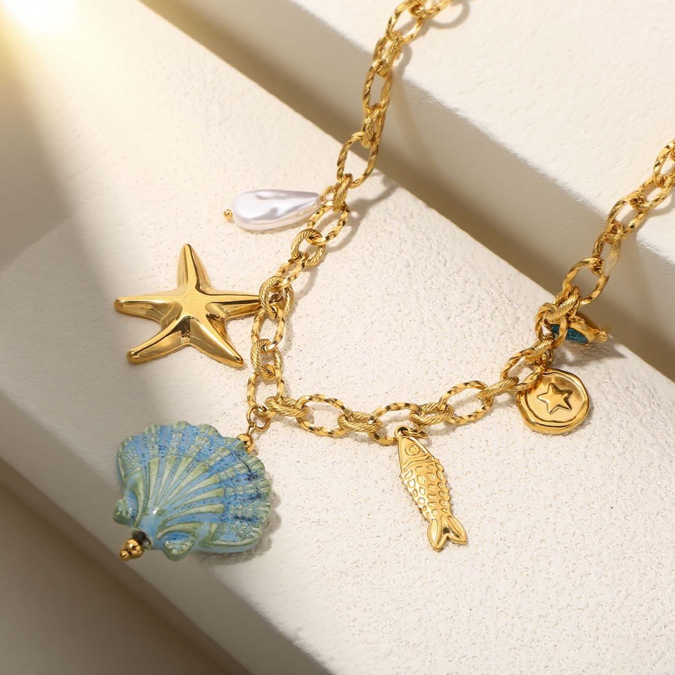 Waterproof Stainless Steel Fan Shell Necklace Women's Vacation Beach Holiday Starfish Pendant High-End Feeling Jewelry
