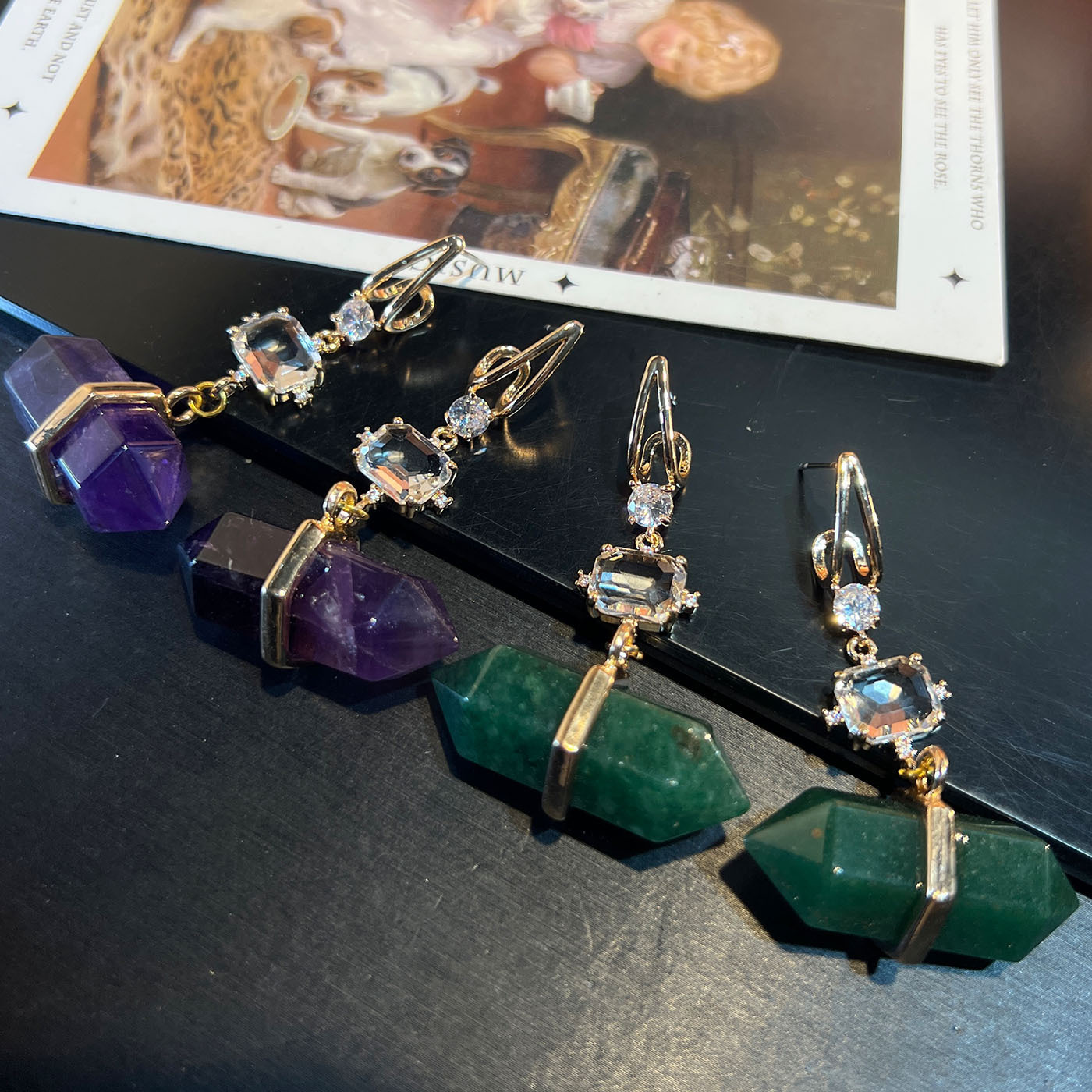 Natural Stone Earrings Amethyst Simple European Style Copper Inlaid Zircon Creative Vintage Fashion Jewelry Accessories