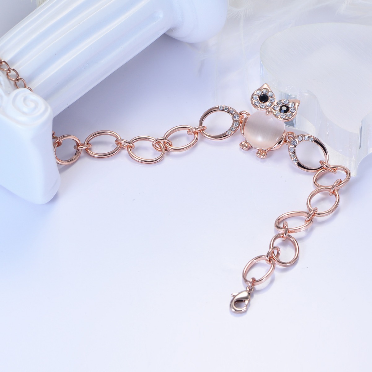 Handmade Rose Gold Cat's Eye Stone Small Animal Cute Moonstone Owl Bracelet Minimalist Style Jewelry For Women Business Occasion