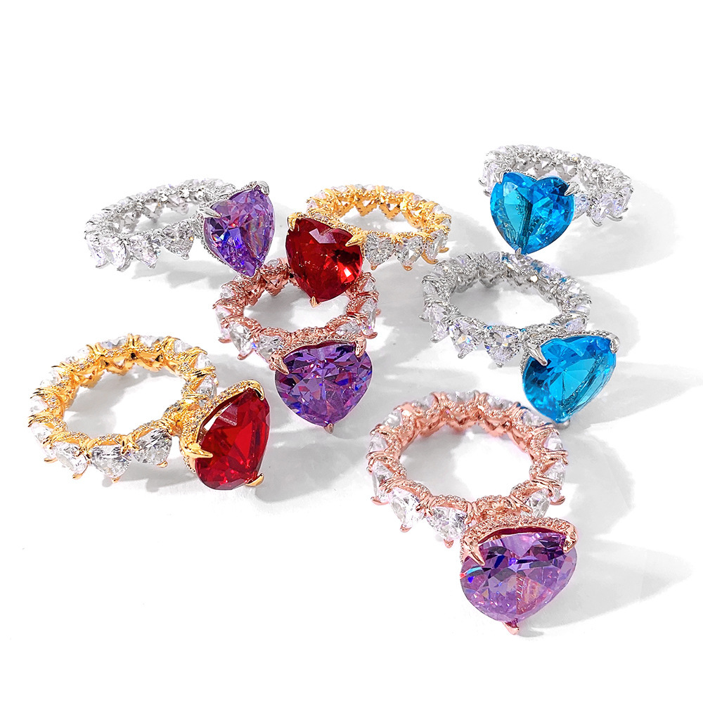 Jewelry Hip Hop Color Zircon Heart-Shaped Ring  18K Gold Plating Platinum Women's Ring  Zhang Yang Atmospheric Trend Female Ring