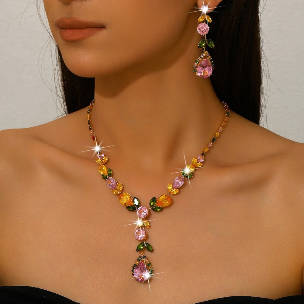 Luxurious Rainbow Zircon Heart Necklace Earrings Set Elegant Dinner Wedding Dress Accessories Fashionable Jewelry Combo For Women