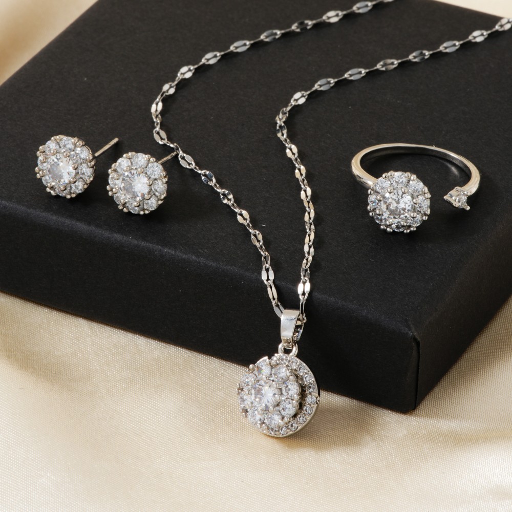 Copper Rhodium Plated Inlay Geometric Zircon Jewelry Set