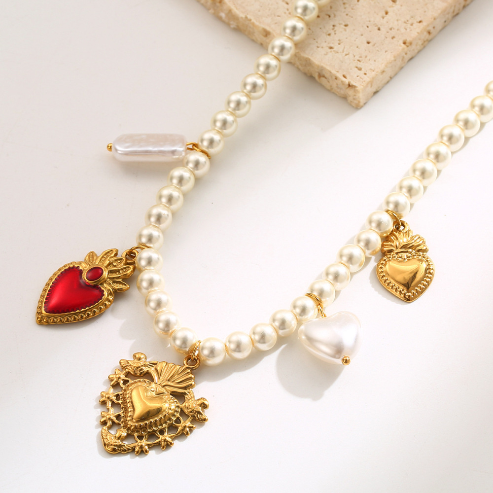 Elegant Ocean Elements Heart-shaped Octopus Turtle Pearl Pendant Necklace Geometric Pattern Titanium Steel Women Jewelry Accessories Minimalist Style