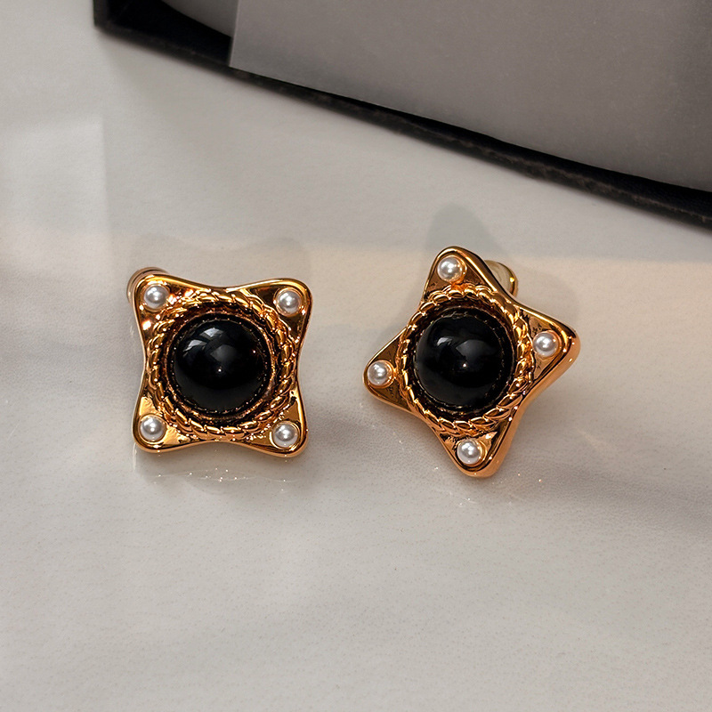 Fashionable Square Black Agate Pearl Stud Earrings Luxury Simple Stylish European Style Women's Jewelry Accessories