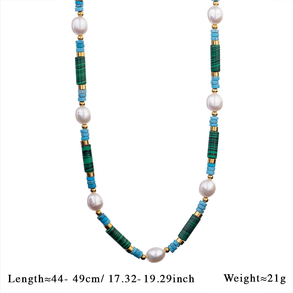 Vacation Classic Style Round Imitation Pearl Malachite Titanium Steel Beaded Chain Necklace In Bulk