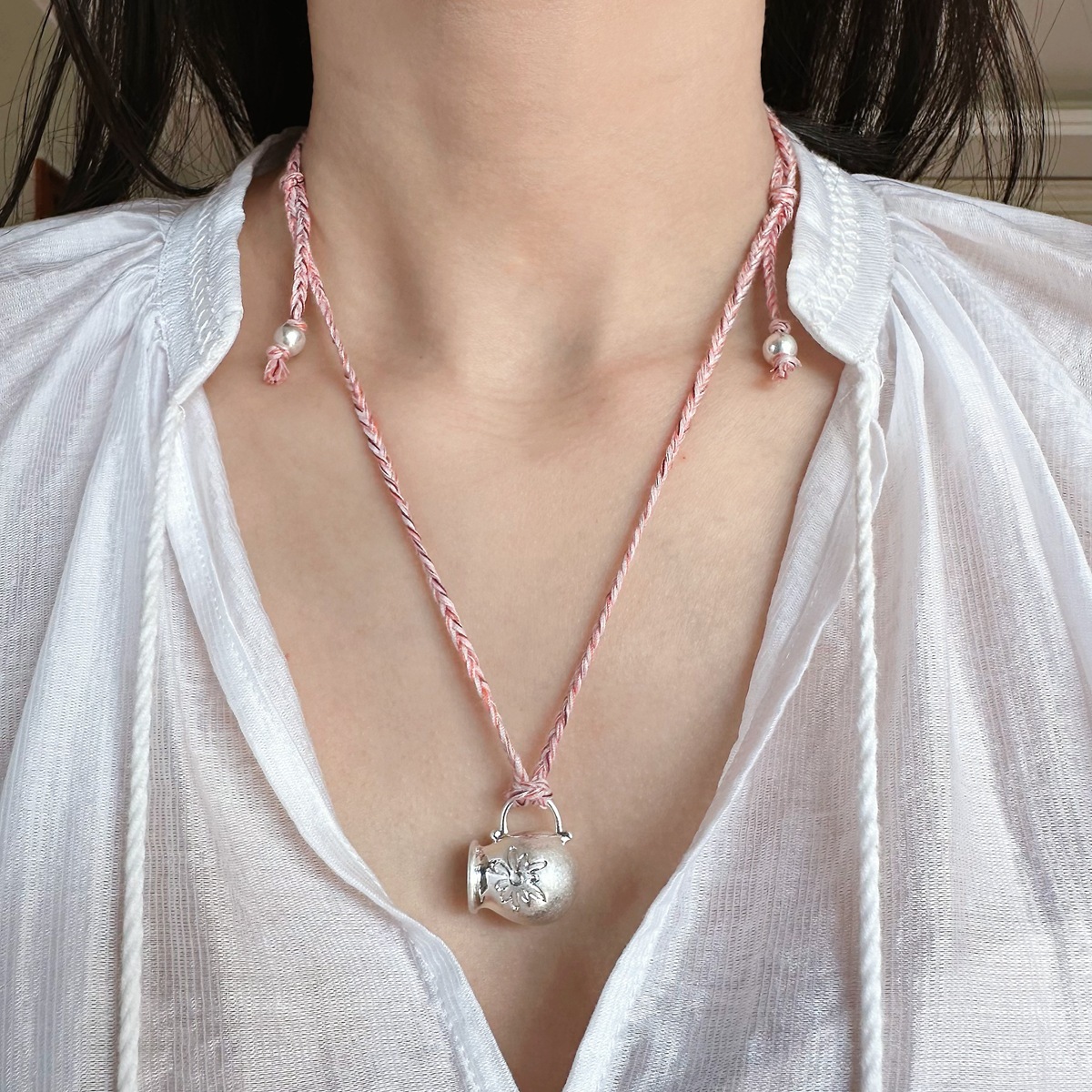 Long Handmade Woven Necklace Summer Vacation Accessories Milk Canister Flower Pink Thread Geometric Pattern Design Women's Jewelry