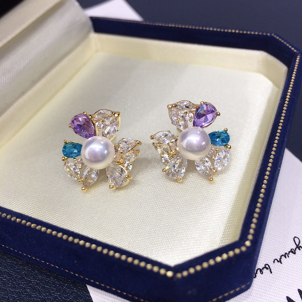 Natural Freshwater Pearl Earrings Women's Colorful Crystal Zircon Flower Pearl Studs Elegant Jewelry Accessories