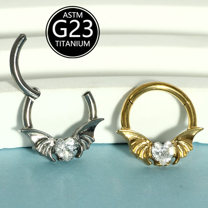Fashion Bat Nose Ring G23 Titanium Metal Heart-Shaped Zircon Ear Bone Stud Jewelry Nose Clip Exquisite Wedding Birthday Festival Accessories