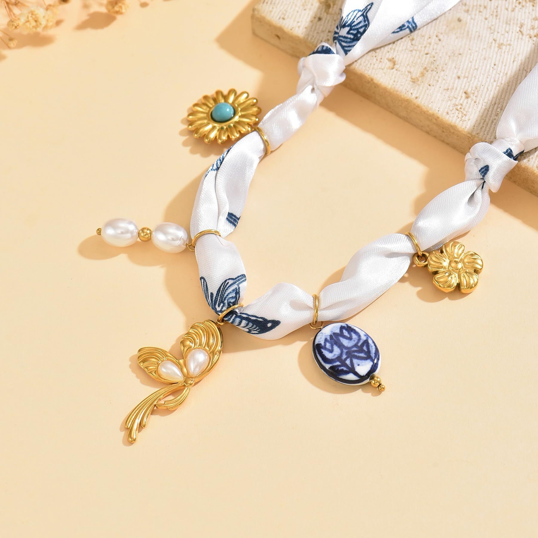 Bohemian Style Long Silk Scarf Necklace Luxury Heart Flower Pendant Artistic Personality Jewelry Gift For Women