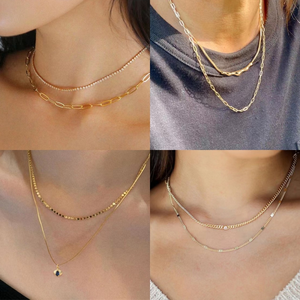 Women's 18K Gold Double Layer Stacked Necklace Set Gift Box Gold Geometric Square Buckle Chain + Micro Pave Diamond Chain French Light Luxury Style Niche Design Choker Exquisite Versatile Accessories