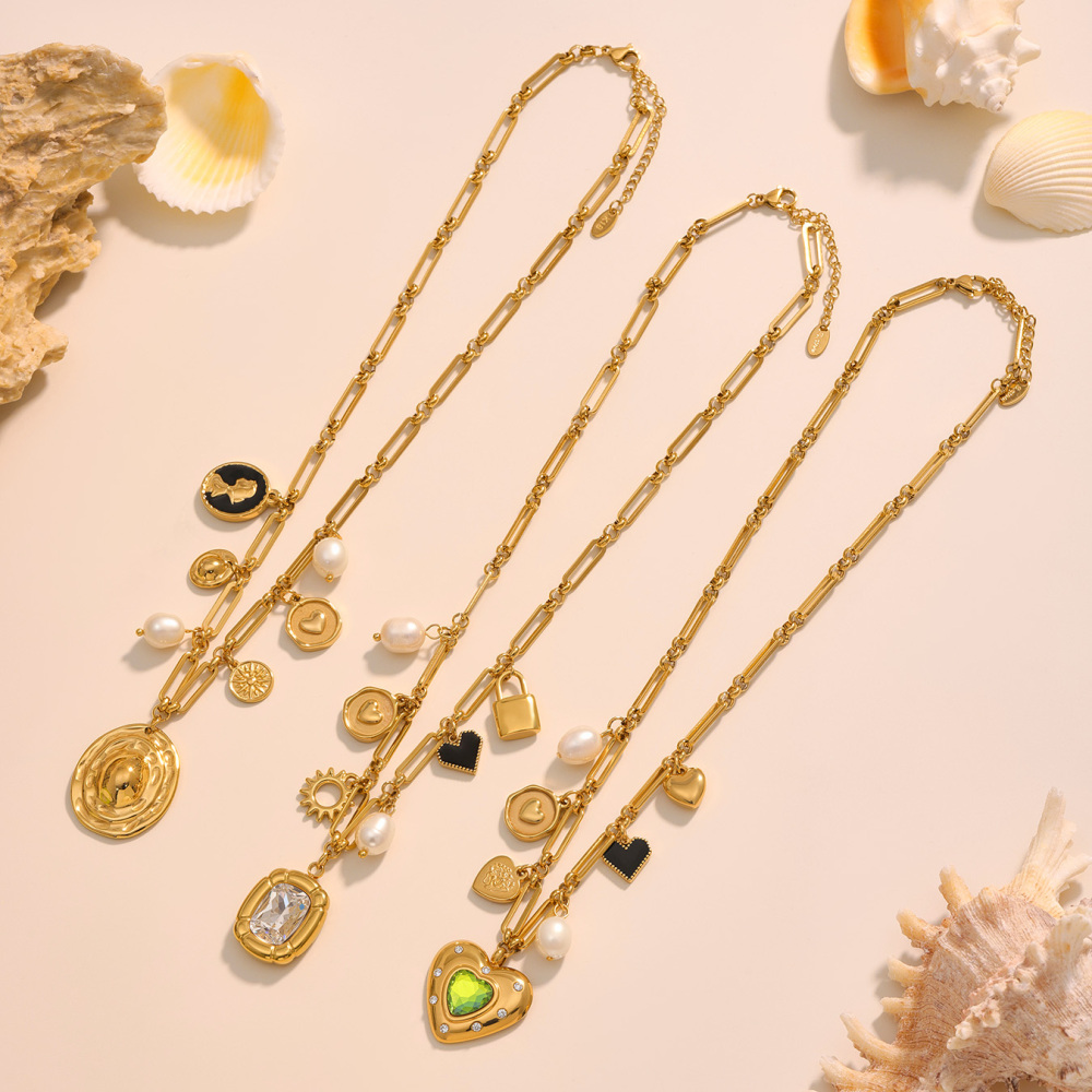 Handmade Stainless Steel Zirconia Heart Pearl Necklace 18K Gold Plated Multi-Accessories Geometric Pattern Jewelry For Women