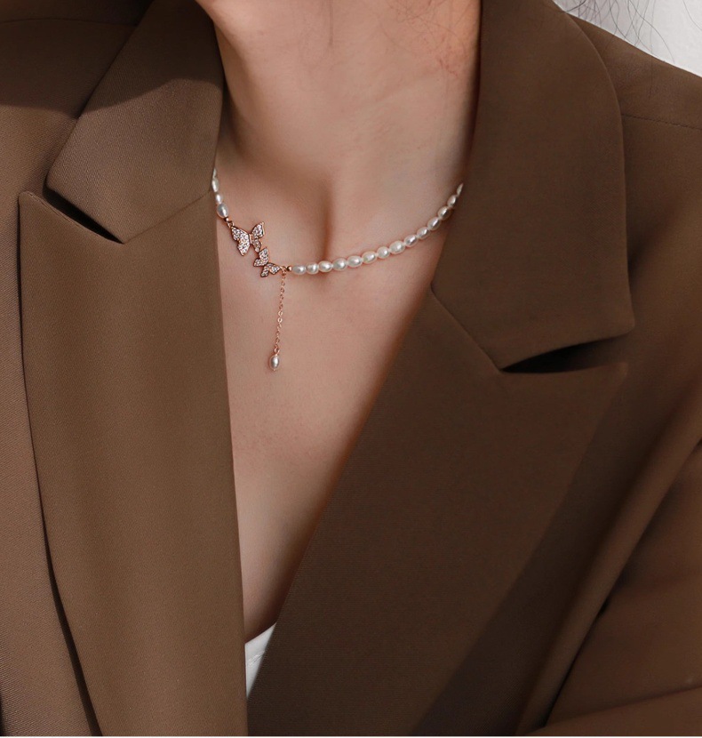 High-Quality Freshwater Pearl Choker Necklace With Natural Strong Light Double Butterfly Tassel Pendant Fashionable Women's Jewelry