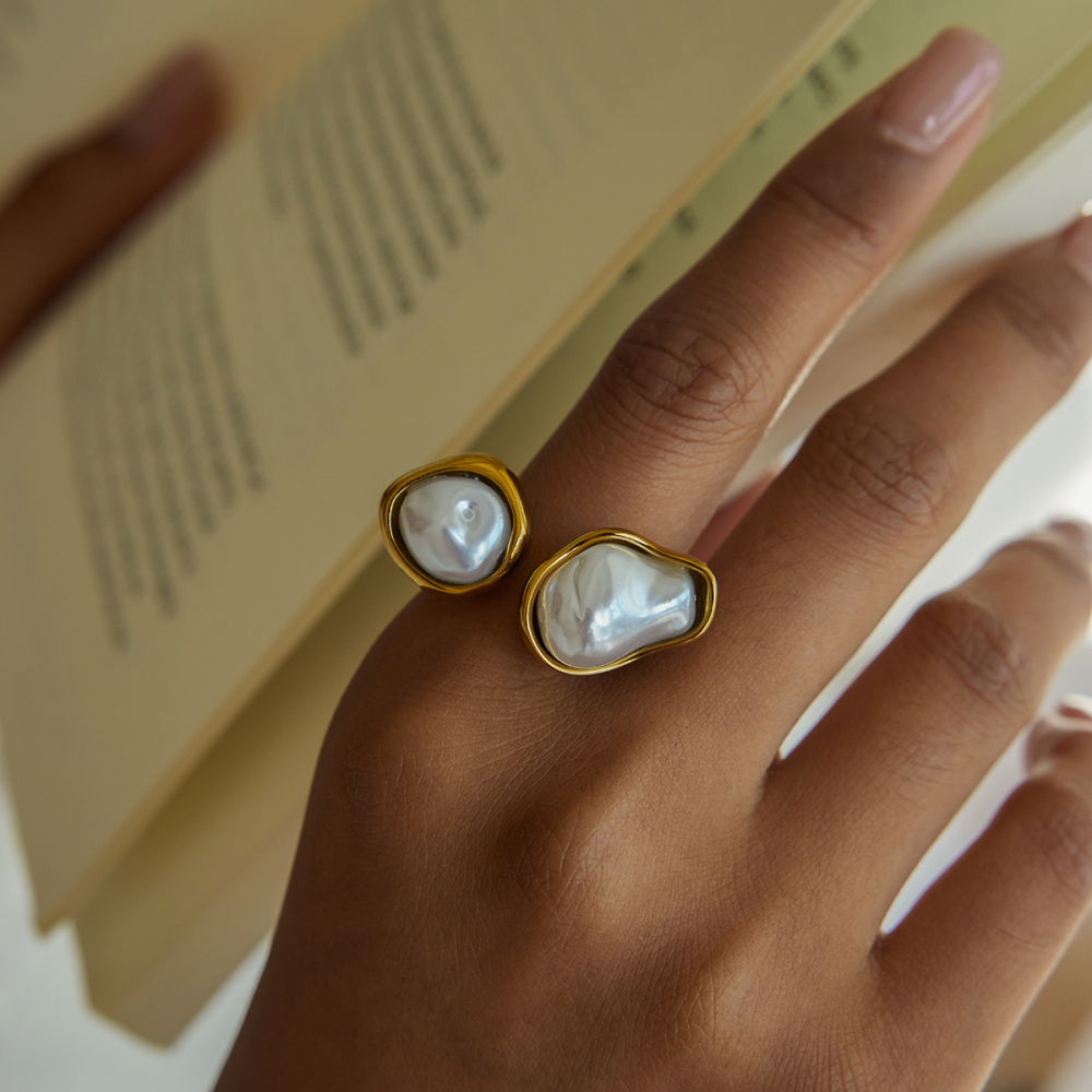 304 Stainless Steel Resin Pearl Asymmetrical PVD Coated Pearl 18K Real Gold Plated Rings