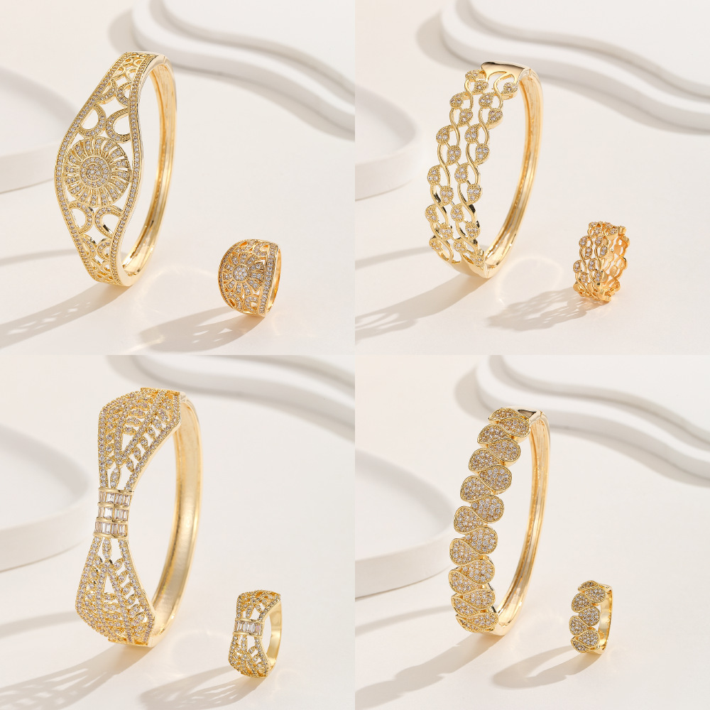 Exclusive New Dongdaemun Women's Middle Eastern Style Micro-Inlaid Hollow Pattern Series Bracelet And Ring Set