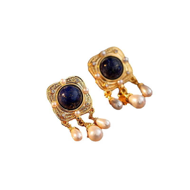 Retro Pearl Earrings For Women 925 Silver Needle Turquoise Geometric Pattern Vintage Court Style Fashion Jewelry Accessories