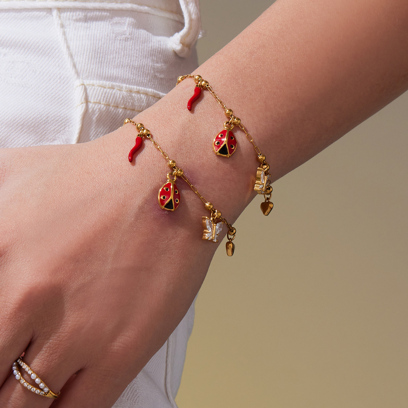 Elegant Enamel Insect DIY Necklace Bracelet Set Stainless Steel Fashion Simple Style Titanium Steel Chain Suitable For Women