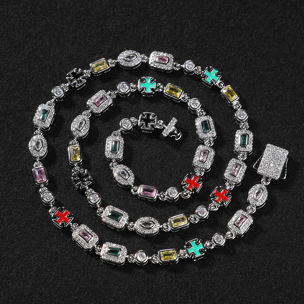 Colorful Gemstone Bracelet Unisex Hip-Hop Style Gold-Plated Copper Geometric Pattern Fashion Jewelry Inlaid Diamond Trendy Necklace Suitable For Men And Women