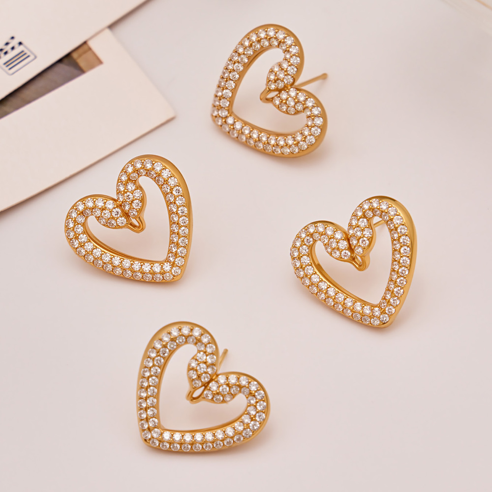 Women's 304 Stainless Steel Handmade Chain Vacuum Electroplating (In Furnace) 18K Gold Plated Geometric Pattern Zircon Full Diamond Double Swan Earrings Ring Bracelet Necklace Heart Full Diamond Jewelry Set Accessories