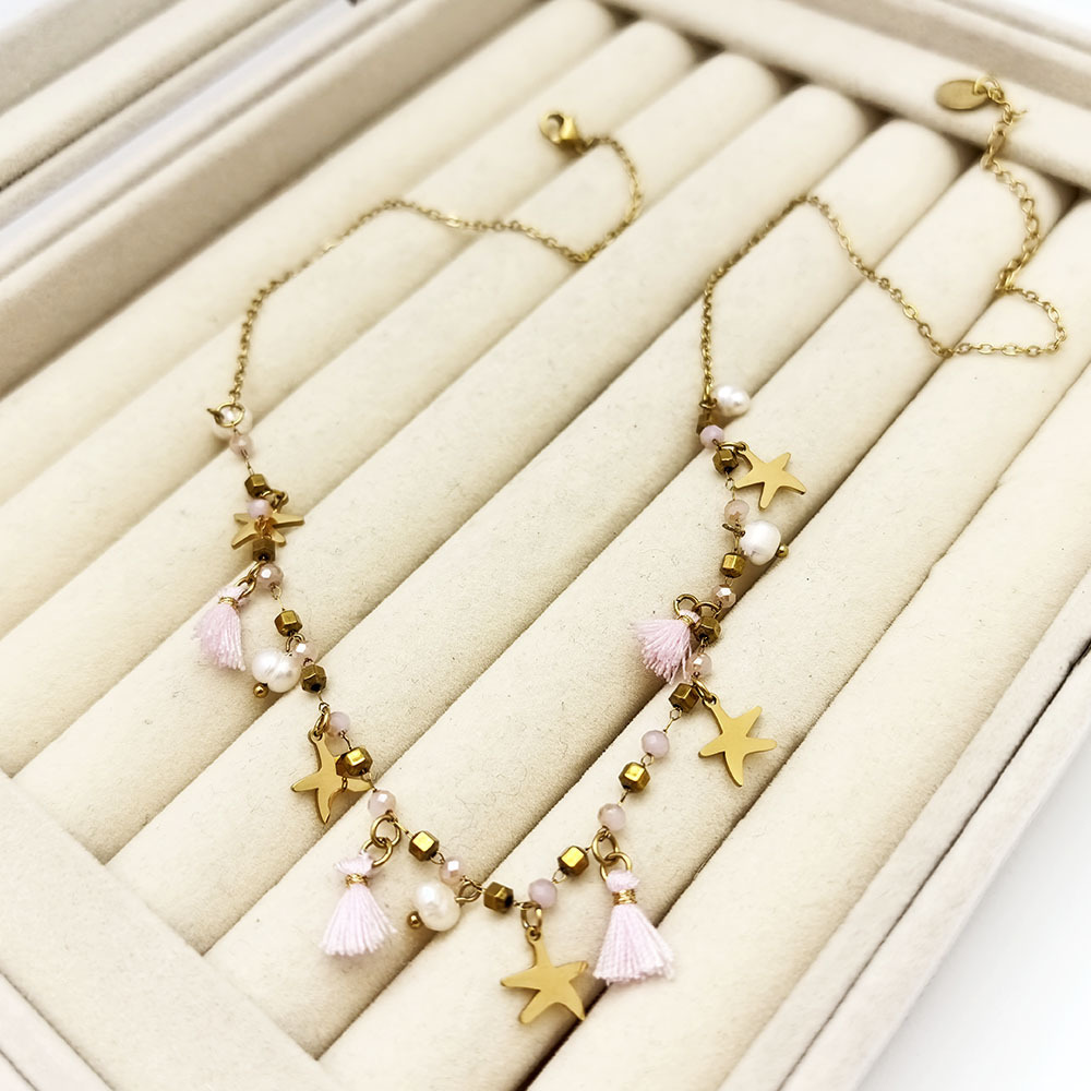 Handmade Bohemian Beach Tassel Necklace Women's Pearl Starfish Coast Jewelry Fashionable Stainless Steel Mixed Material
