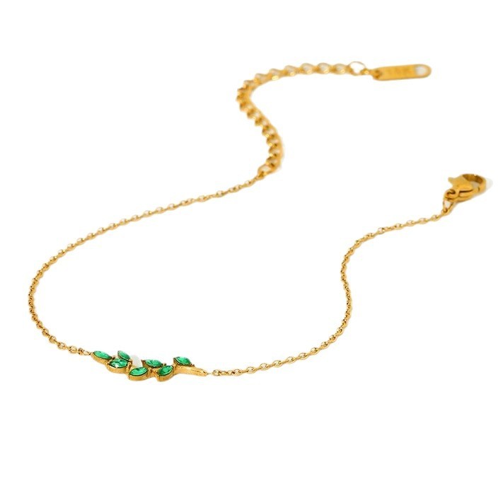 Gold Plated Zircon Leaf Branch Pendant Women Bracelet Stainless Steel Waterproof Jewelry Accessories