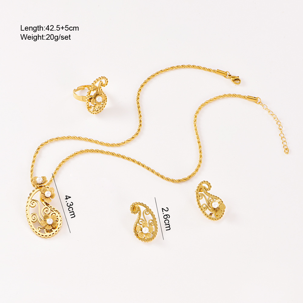 Three-piece Set Five-leaf Flower Stick Diamond Pearl Necklace Sense Ladies Stainless Steel Ring Accessories