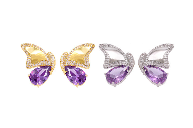 Butterfly Wing Half-and-Half Gold Plated Brass Purple Necklace Earring Set Elegant Dynamic Combination Fashion Jewelry