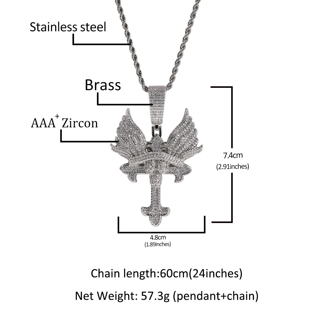 Creative Angel Wing Cross Necklace Couple Sweater Chain Hip Hop Style Geometric Pattern Copper Jewelry Accessories For Men And Women