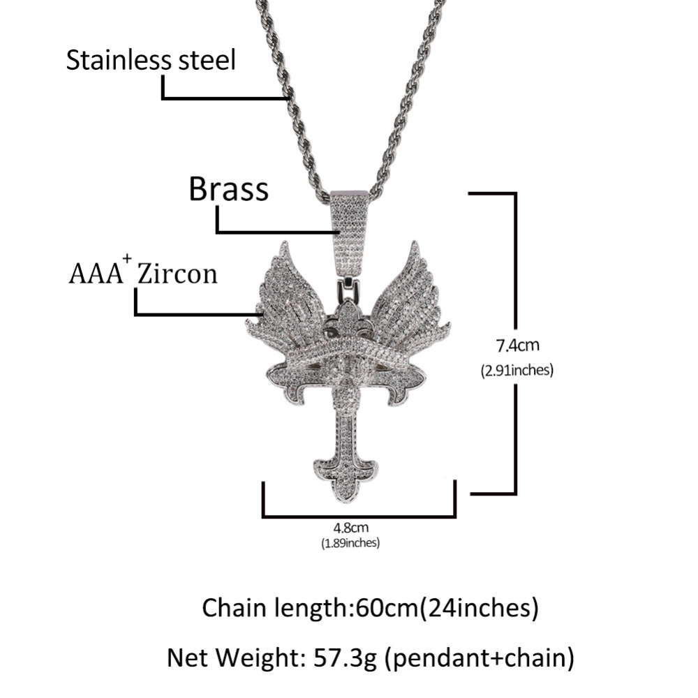 Creative Angel Wing Cross Necklace Couple Sweater Chain Hip Hop Style Geometric Pattern Copper Jewelry Accessories For Men And Women