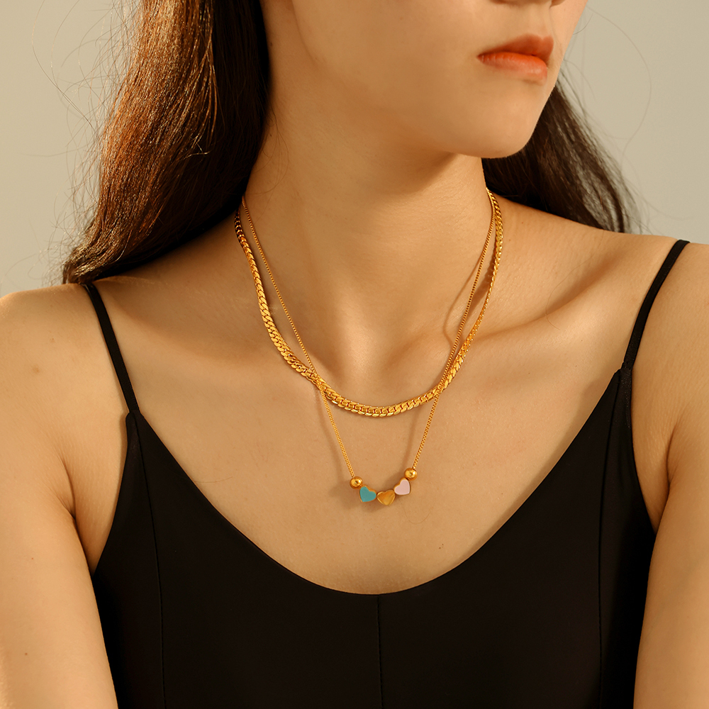 304 Stainless Steel Heart Shape PVD Coated Real Gold Plated Retro Vacation Waterproof Non Tarnish Enamel Bracelets Necklace