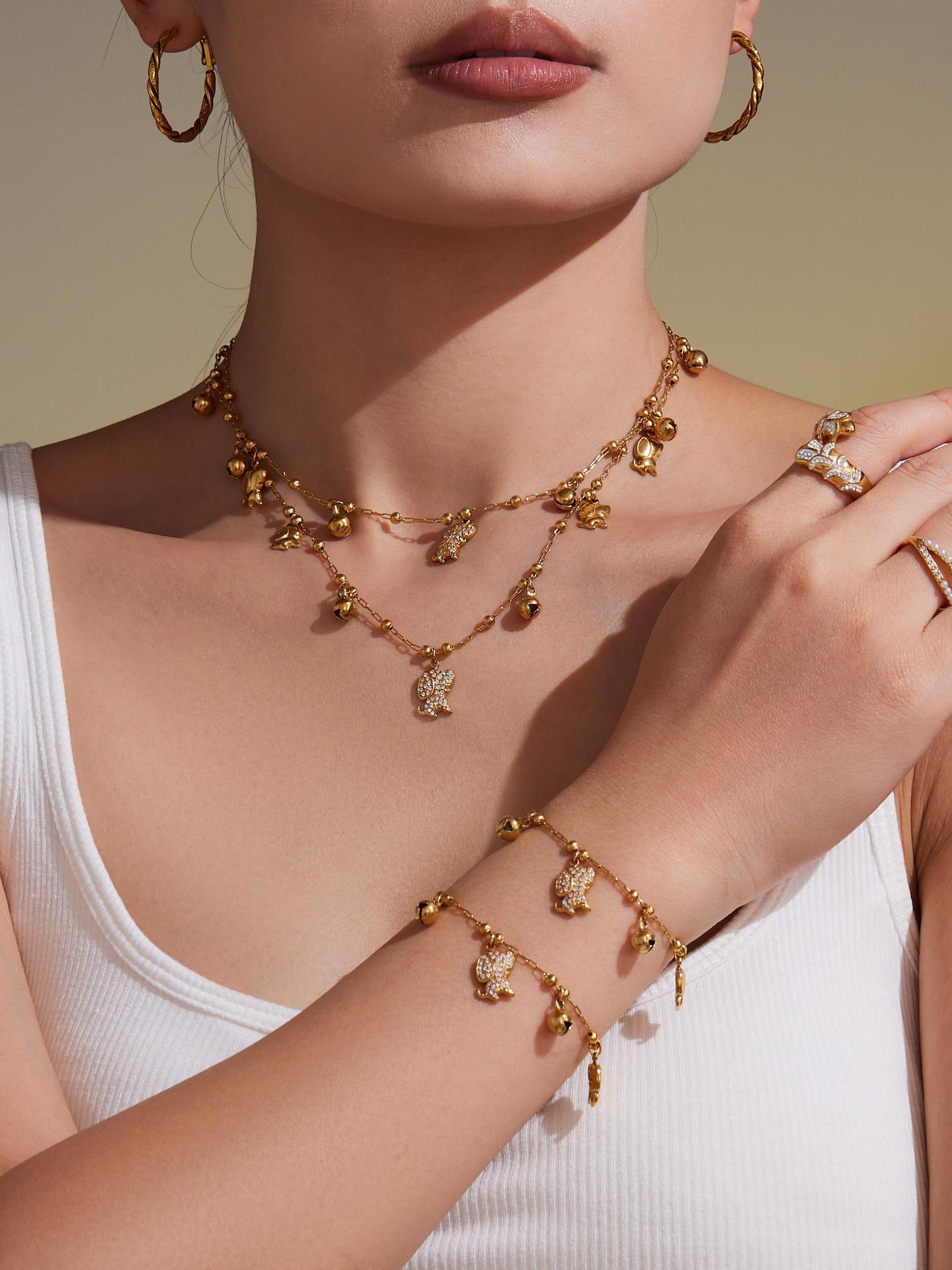 Stainless Steel 18K Gold Plated Zircon Dog Bell Shaped Bracelet Necklace Set Multi Accessories Jewelry For Women Simple Style