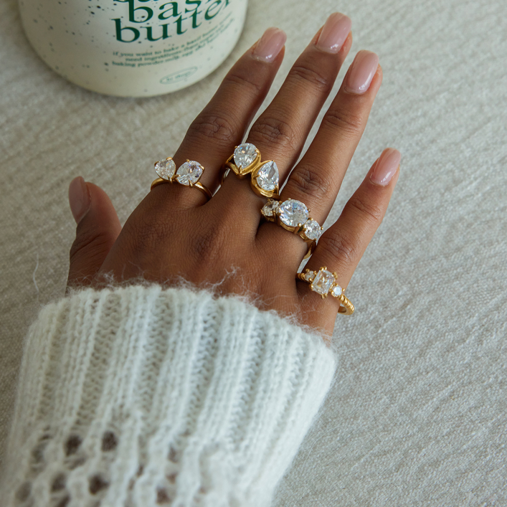 Women's Classic Style 18K Gold Stainless Steel + Zircon White Water Drop Zircon Ring Size 7
