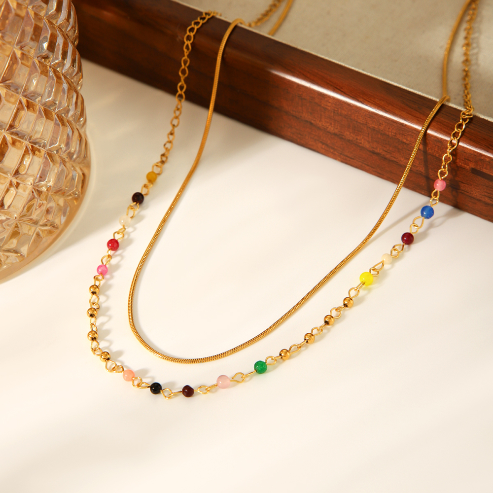 French Double Layer 304 Stainless Steel Necklace Non-Fading Choker Titanium Steel Round Snake Chain Colorful Beaded Chain Bohemian Vacuum Electroplated 18K Real Gold Plated Accessories