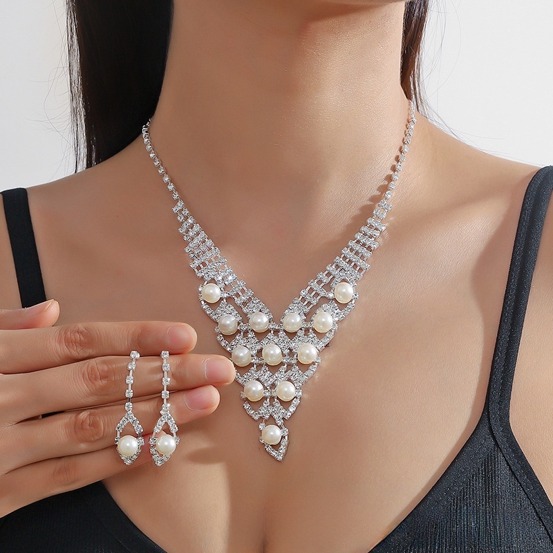 Pearl Rhinestone Necklace Earrings Set Wedding Party Dress Zinc Alloy Jewelry Accessories For Women