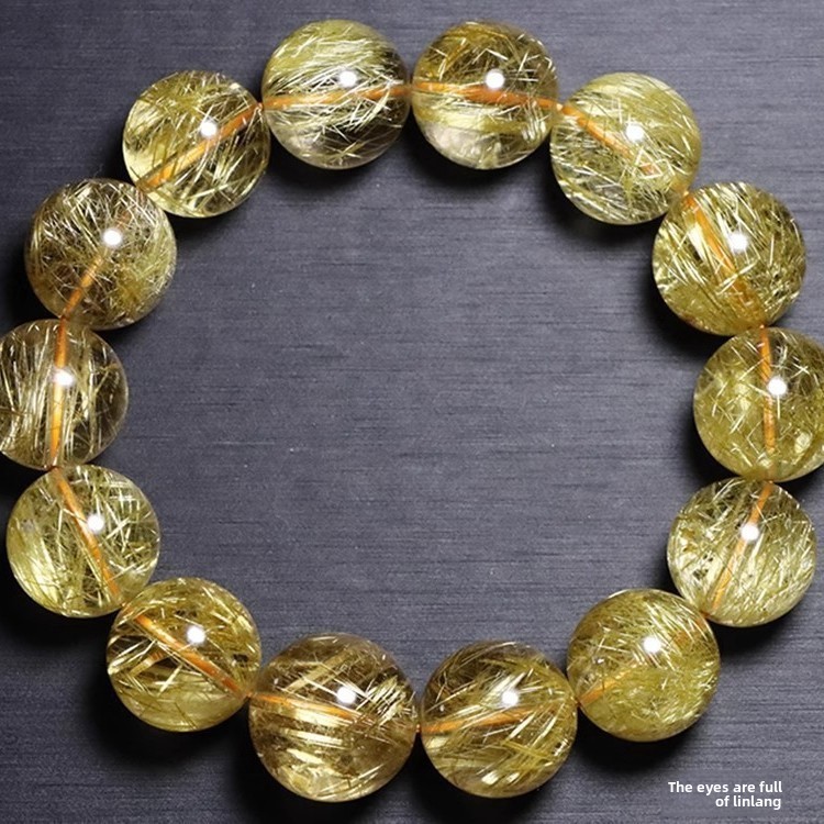 Natural Brazilian Gold Hair Crystal Bracelet Unisex Yellow Quartz Titanium Crystal Geometric Pattern Polished Design Chinese Style
