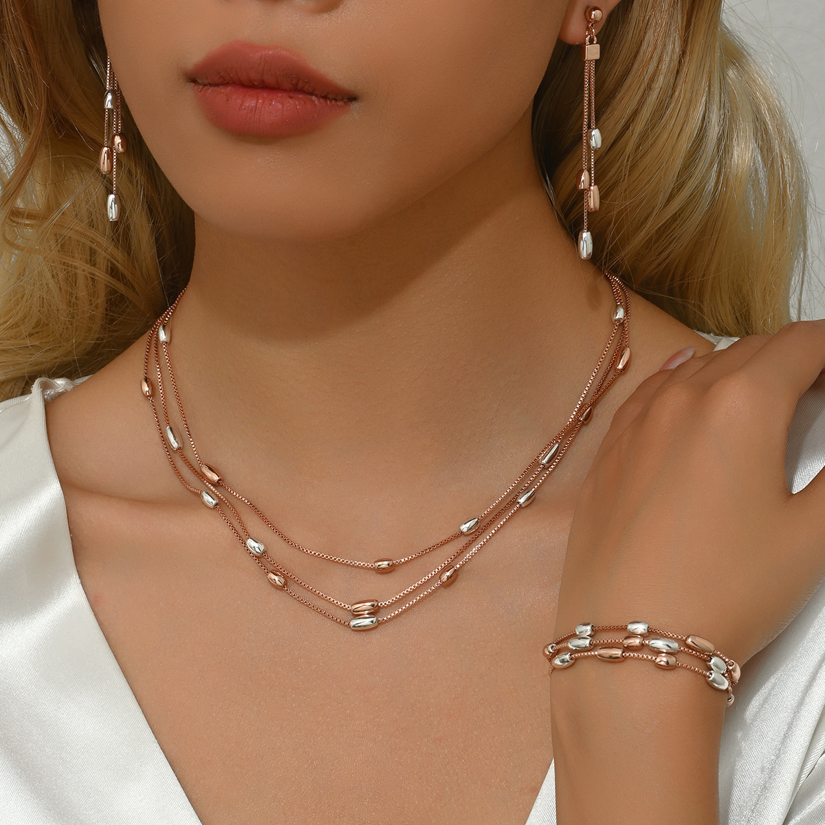 Low Allergy Snake Chain Necklace And Earring Set For Women Color Retention Jewelry Set  Style Simple Geometry Pattern