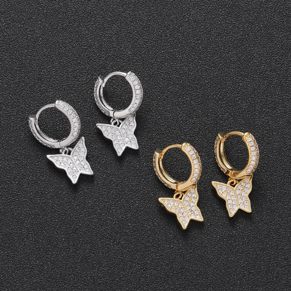 Small Butterfly Stud Earrings Full Of Zircon Copper Inlay  Hip Hop Style Women's Fashion Jewelry Accessories