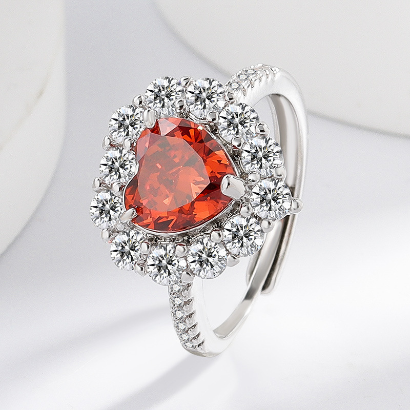 Fashion Heart-shaped Plated Platinum Ring Simple Luxurious Ice Crystal Cut Colored Gemstone High Carbon Diamond Ring Live Streaming Dropshipping