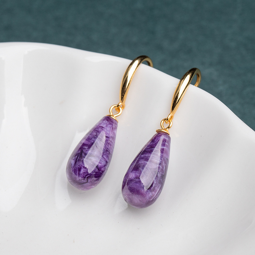 Natural Russian Purple Dragon Crystal Waterdrop Earrings 925 Silver Hook Simple Fashion Women's Style Jewelry Accessories