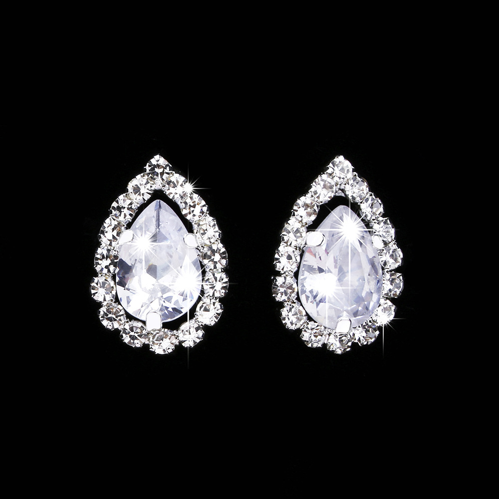 Fashionable Sparkling Waterdrop Earrings Necklace Set Women Full Diamond Banquet Clavicle Chain Jewelry Copper Material Circle Craft