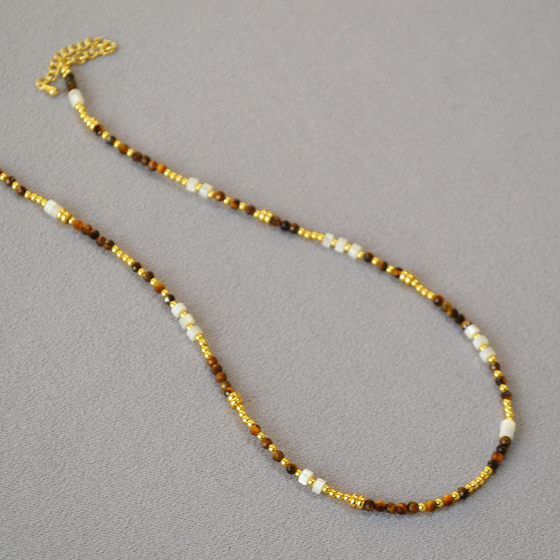 French Vintage Design Shell Beads Tiger Eye Stones Necklace Collarbone Chain Women Simple Elegance Jewelry Accessories