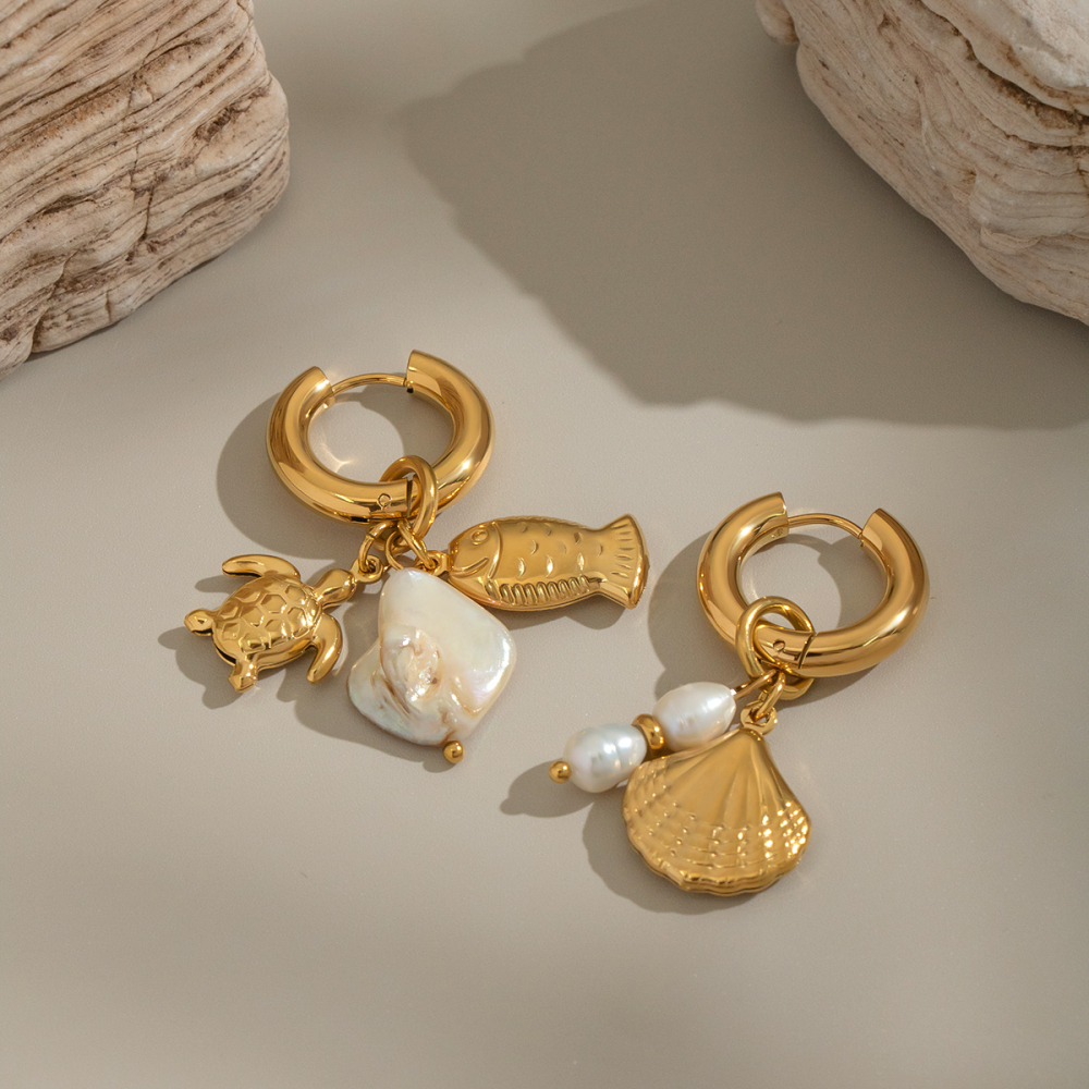 Elegant Fashion Jewelry Turtle Fish Shell Pearl AB Style Stainless Steel Non-fading Beach Accessories Earrings For Women