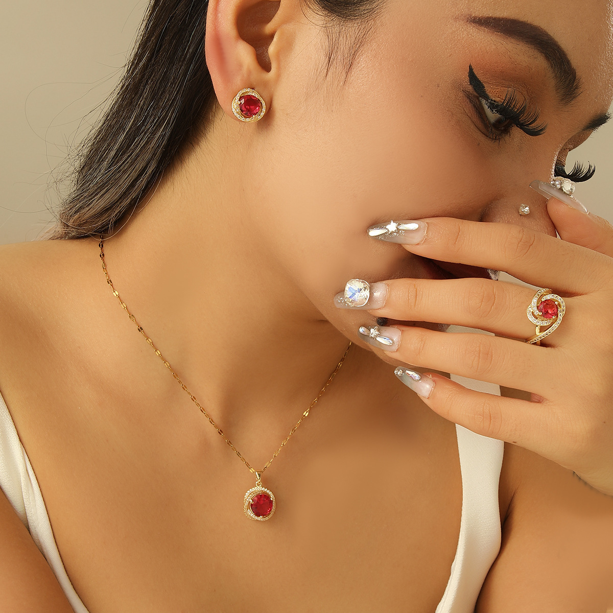 Elegant Retro French Style Copper Embedded Zirconia Ring Necklace Earring Set For Women Flashy Unique Three-piece Jewelry