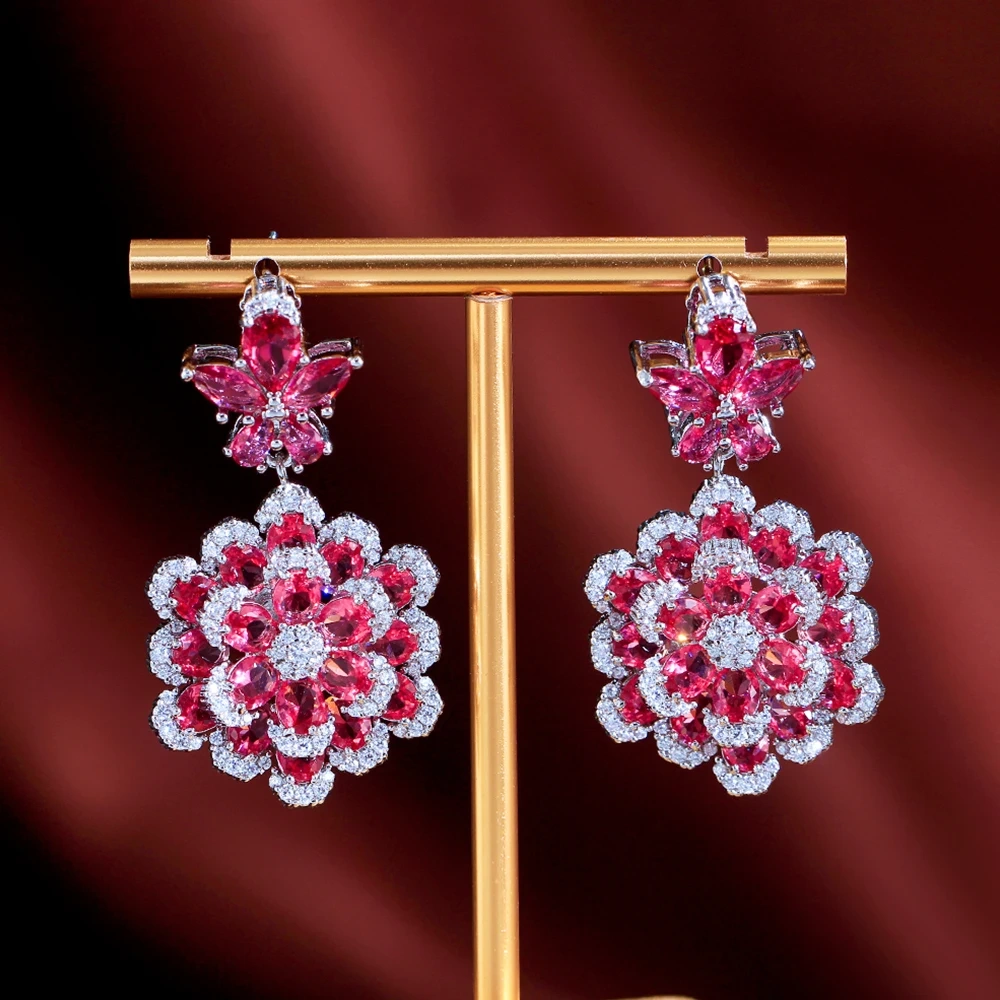 1 Pair Of Copper Double-Layer Floral Earrings, Three-Dimensional Red Zircon Earrings, Fashionable And Elegant, Suitable For Women To Wear On Dates And Weddings
