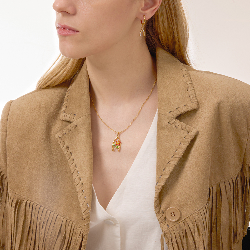 Women's Classic Style 18K Gold Stainless Steel + Shell Pearl + Oil Drop / Shell Pearl Oil Drop Flower Thanksgiving Lucky Wish Bone Y-shaped Pendant Necklace 45+5CM