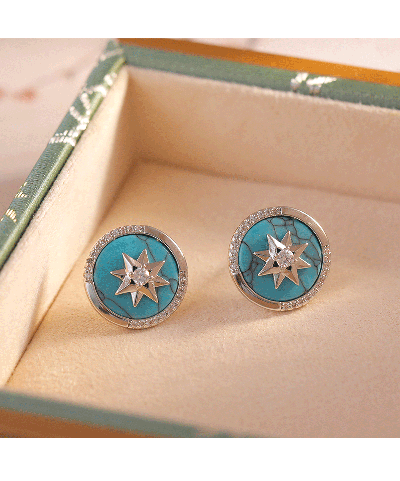 Retro Hong Kong Style Hepburn Turquoise Diamond Embedded Earrings Unique Design Sensation Luxury Fashion Trend New Arrival