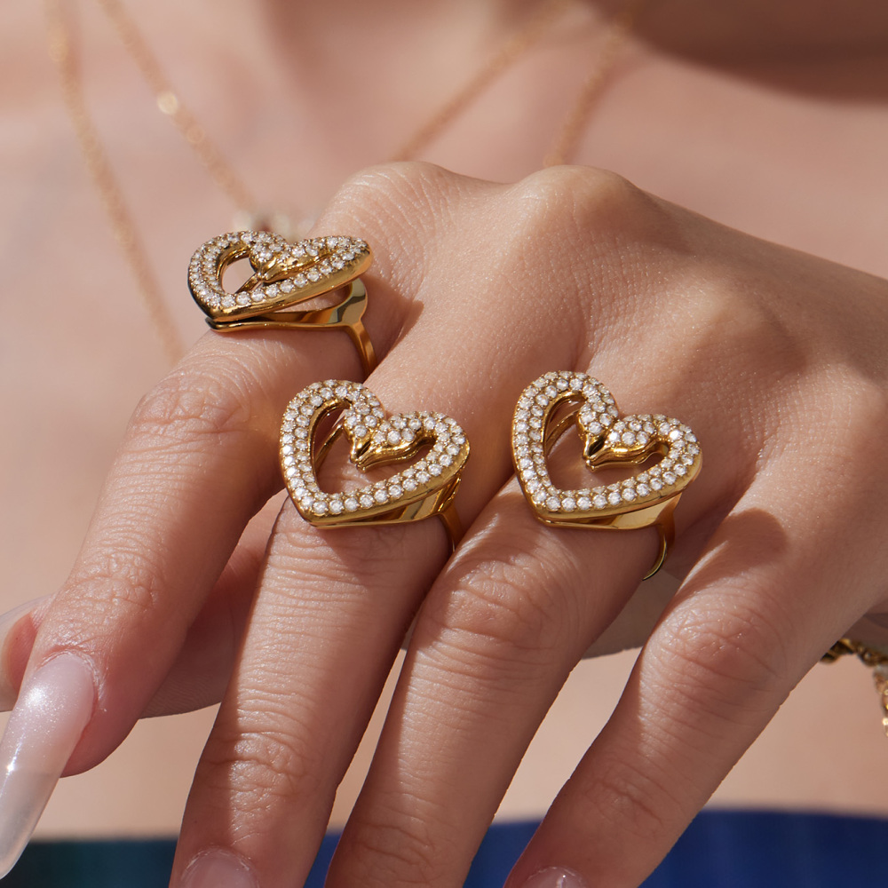 Women's 304 Stainless Steel Handmade Chain Vacuum Electroplating (In Furnace) 18K Gold Plated Geometric Pattern Zircon Full Diamond Double Swan Earrings Ring Bracelet Necklace Heart Full Diamond Jewelry Set Accessories